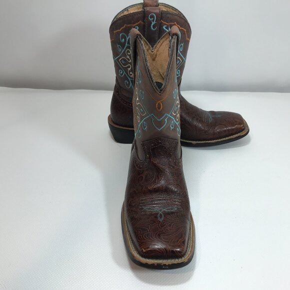 Ariat Boots Women 8 Fatbaby Brown Teal Embroidered Floral Square Toe Western - Picture 11 of 14